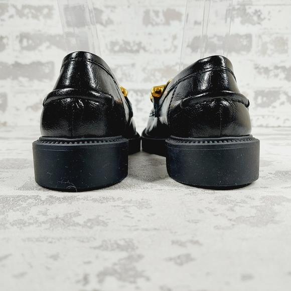 New Steve Madden Karmine Gleaming Black Leather Goldtone Hardware Loafer W945 - Picture 6 of 11